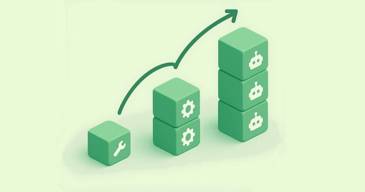 Visual representation of three levels of AI adoption in enterprises - from basic tools to automation to autonomous agents